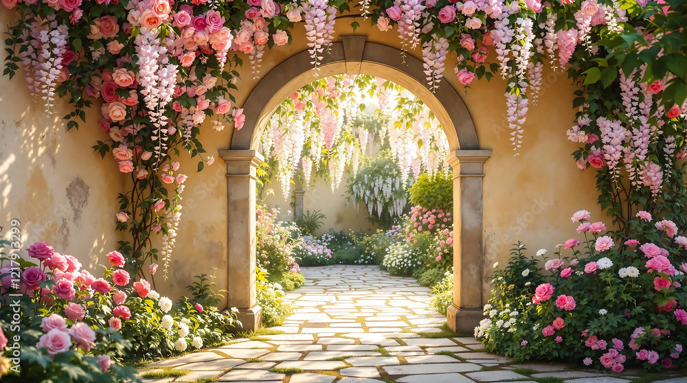 Charming stone archway draped with pink and white flowers, leading to a blurred, sun-drenched garden. Ideal for romantic, wedding, or spring-themed designs. Charming stone archway draped with pink and white flowers, leading to a blurred, sun-drenched garden. Ideal for romantic, wedding, or spring-themed designs.