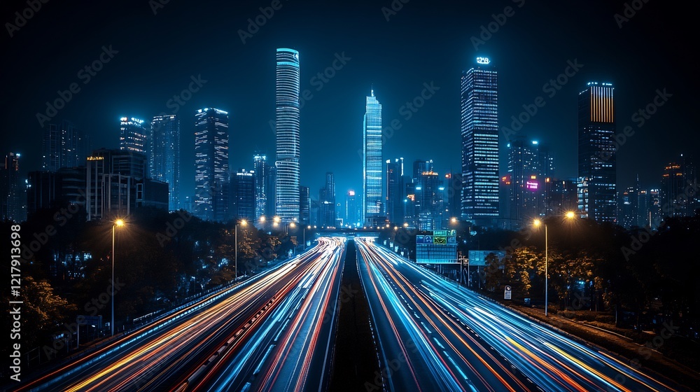 Fototapeta premium Night City Highway Light Trails Dynamic Composition. AI Generated