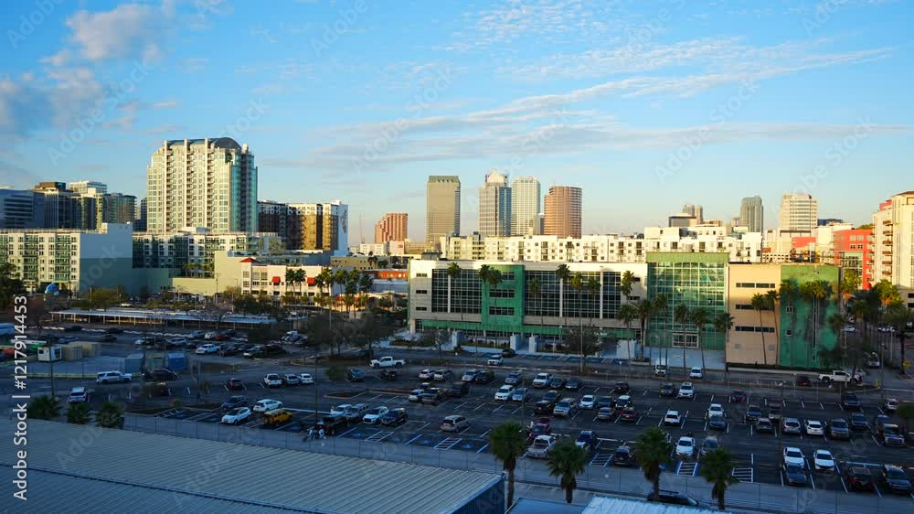 Tampa, Florida USA - Jan 24, 2025: Tampa downtown cruise port and city skyline and skyscraper in the early morning	
