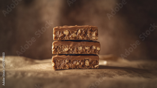 Three pieces of caramel-covered peanut butter bars. Chocolate, kozinaki, dark, background sweetness, stack, nuts, shadow. Stacked nuts and a shadow of sweetness. Kozinaki stacked with lifestyle nut. photo