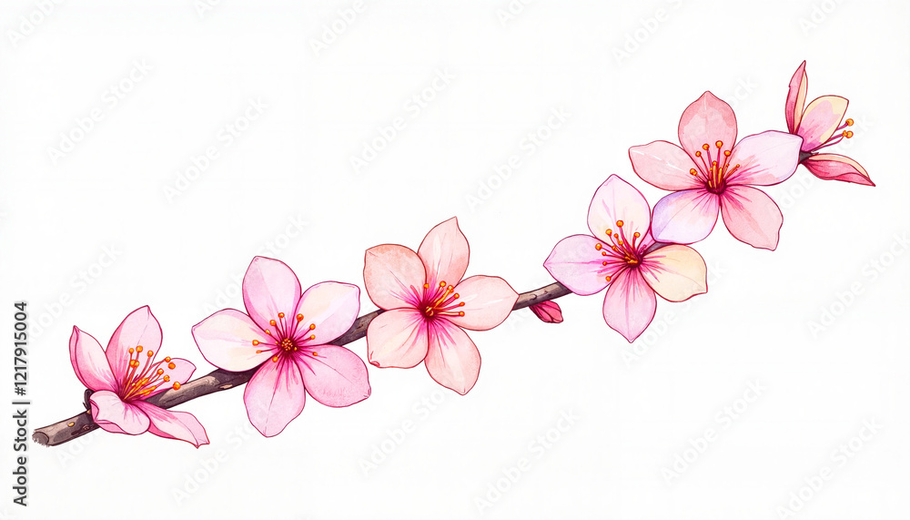 Cherry blossom branch illustration with soft pink flowers Cherry blossom branch illustration with soft pink flowers