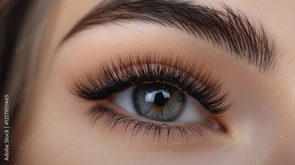 Obraz premium Close up of a woman's eye with. Eye, face, close, up girl, long, eyelashes, extensions. Girl with long eyelashes and long extensions. Girl closes her eyes with long eyelashes extensions. Lifestyle.