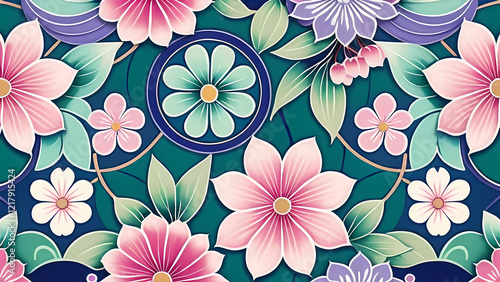 v輝くディテール, 花の象徴, 東洋の美しさ, 調和の取れたデザイン, 繰り返されるパターン, 文化的モチーフ, 視覚的エレガンス, 洗練された構図, 鮮やかな色彩, 伝統的な模様, 複雑な装飾, 視覚的な祝い.