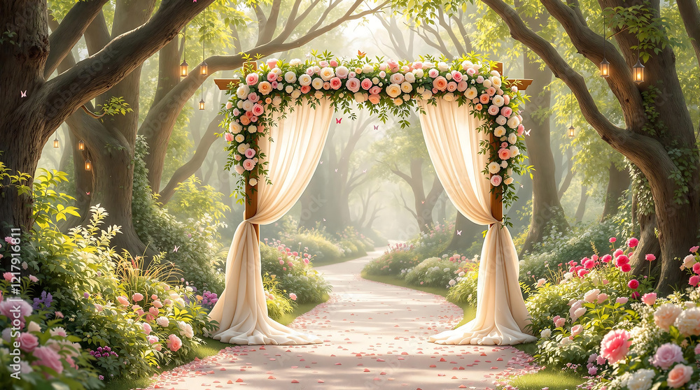 Fototapeta premium Wedding arch with white drapery and pink and white flowers, set in a sun-dappled forest path. Ideal for outdoor wedding or romantic event designs.