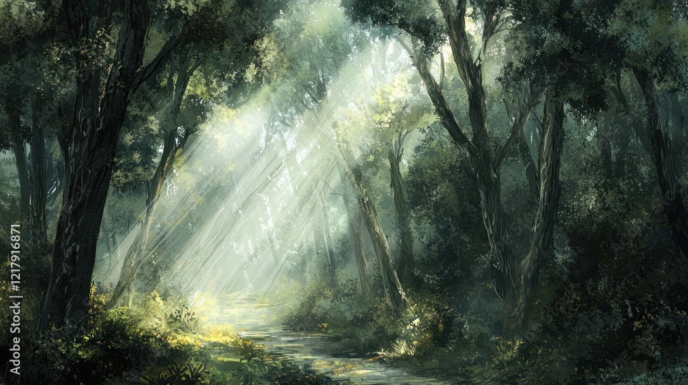 Fototapeta premium Sunbeams illuminate a mystical forest path.