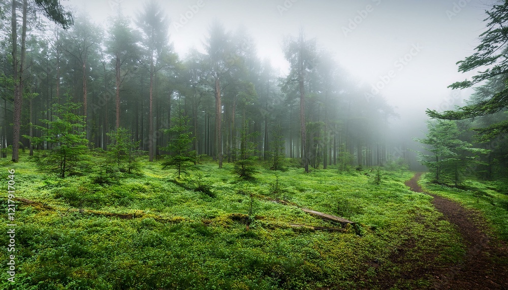 Fototapeta premium Fog in green forest, forest panorama landscape. Generated image