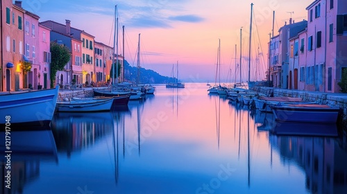 Breathtaking sunset reflection in a tranquil Mediterranean harbor with moored boats gently rocking on the calm waters and colorful waterfront buildings lining the peaceful scene