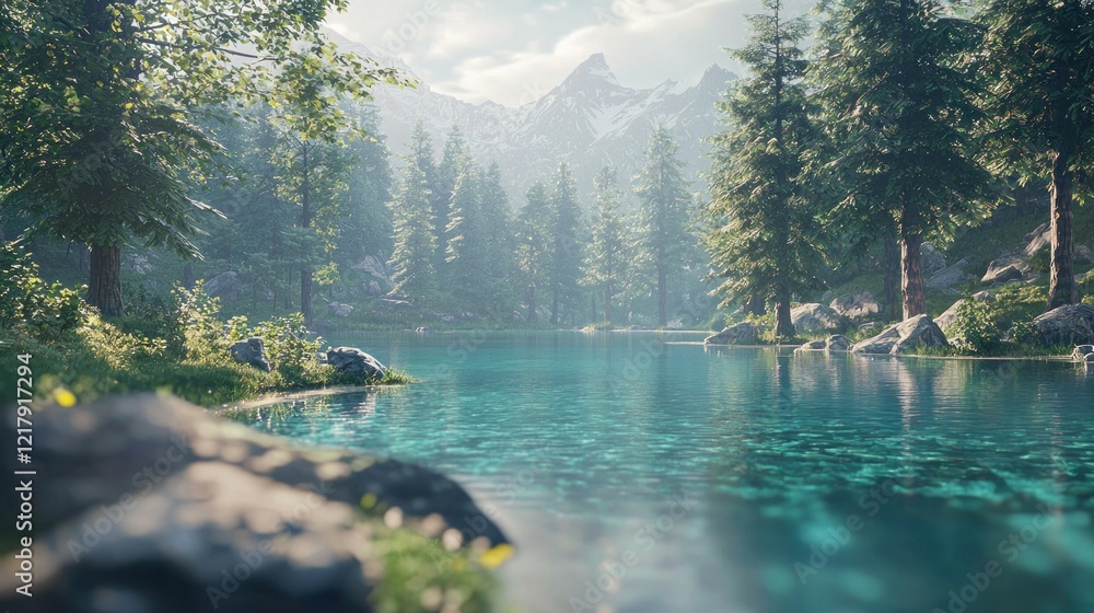 Naklejka premium Serene mountain lake in a lush forest.