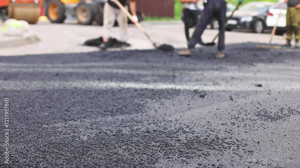 Roadworks, process of asphalting, blacktopping and paving new road layer, laying new asphalt road pavement, paver machine and steam roller compactor, city street construction site, vehicle working
