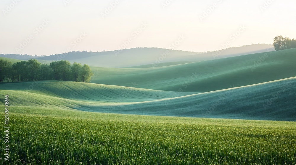 Serene rolling hills bathed in soft morning light peaceful landscape vibrant green hues. AI Generated Serene rolling hills bathed in soft morning light peaceful landscape vibrant green hues. AI Generated