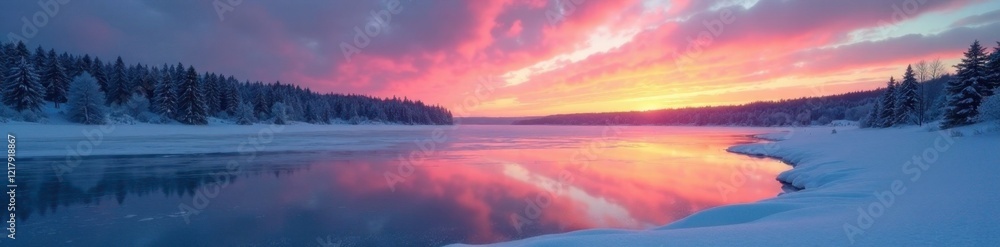 Fototapeta premium Frozen lake landscape at sunset with ice crystals in the air, calm, sky, ice crystals