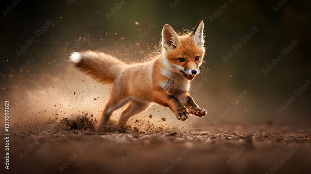 Fototapeta premium A fox cub chasing its tail in a circle, kicking up dirt and leaves.
