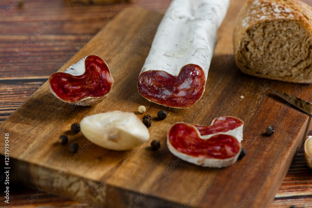 Marble cutting board with sliced salami on it Marble cutting board with sliced salami on it