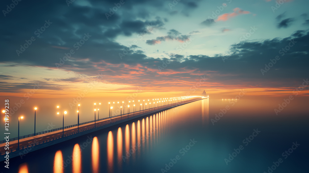 Fototapeta premium Generative ai image of scenery of long bridge with light poles connecting distant blurred city over rippling sea during sunset against cloudy sky. Twilight Bridge. Illustration