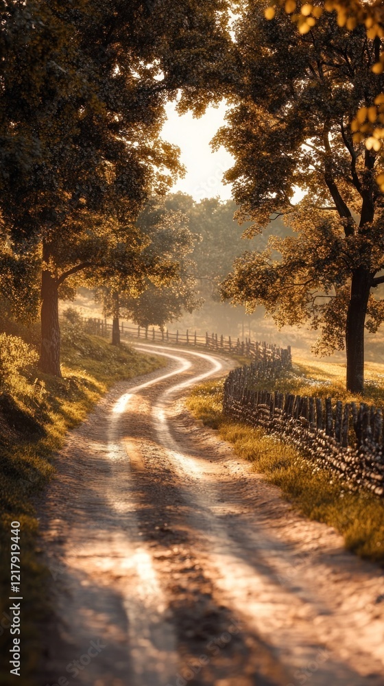 Naklejka premium Enchanting autumn pathway winding through a picturesque forest landscape with vibrant foliage warm lighting and a serene tranquil atmosphere