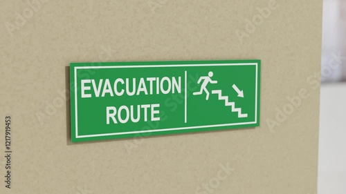3D animation of an evacuation route sign, featuring clear directional arrows. Perfect for emergency preparedness, safety, instructional videos, or urban planning visuals