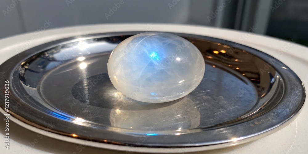 Moonstone gemstone resting on a shiny plate with soft reflections in natural light Moonstone gemstone resting on a shiny plate with soft reflections in natural light