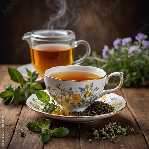 Steaming cup of herbal tea placed on a wooden table