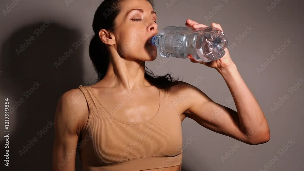 Beautiful smiling woman open and drinking water from bottle with enjoying face. Break after workout. Healthy sport body brunette female with clean brigh skin in bra. Closeup studio low key light video