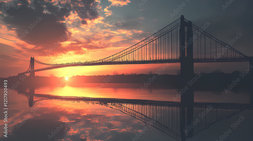 Obraz premium Suspension bridge reflecting on calm water at sunset. Twilight Bridge. Illustration