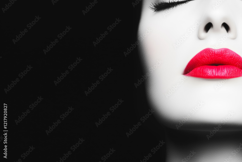 Naklejka premium A young caucasian woman with pale skin and bold red lips, her eyes closed, set against a black background