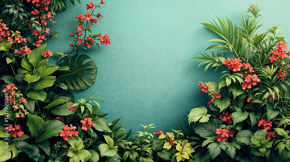 Bright teal background framed by vibrant green tropical leaves and hanging red flowers.  Ideal for summer themes, invitations, or product displays.