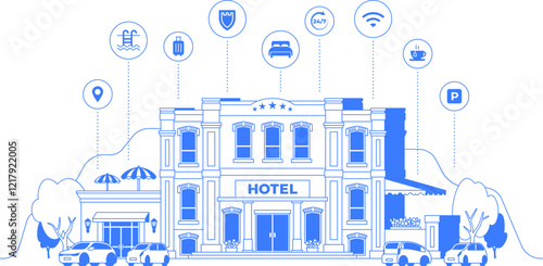 Hotel building with parking lot, amenities infographic. Mountain landscape graphics with icons. Line art illustration. Resort on white background. One color blue outline isolated inn. Editable stroke.
