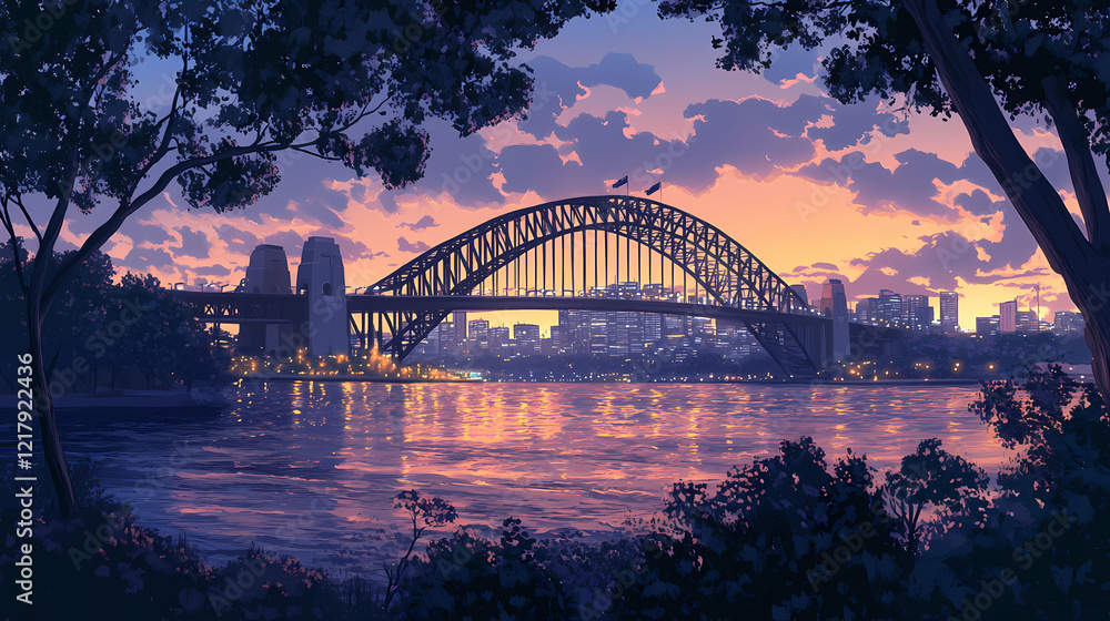 Naklejka premium A bridge spans a river in the city of sydney. Twilight Bridge. Illustration