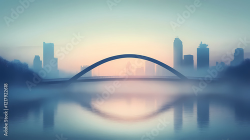 A modern bridge over a calm river at dawn, with mist rising from the water and soft morning light. the background shows a skyline with silhouetted buildings. Twilight Bridge. Illustration