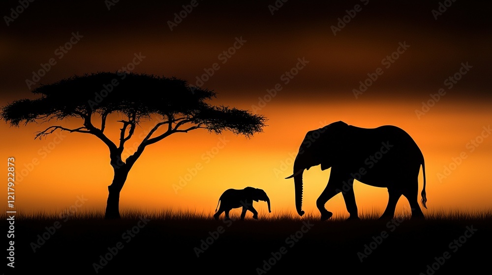 Fototapeta premium A large elephant and small silhouette against an orange sky, with a tree in the foreground