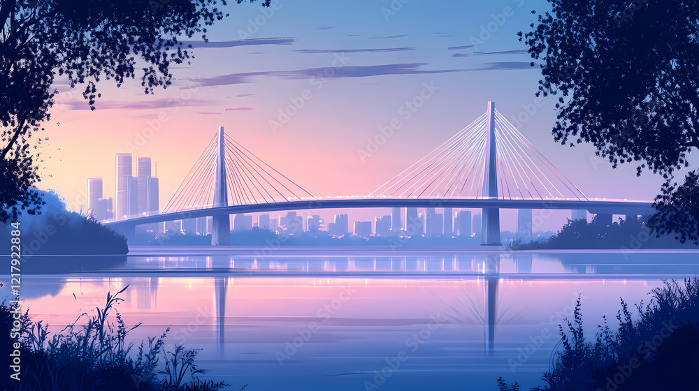 Fototapeta premium A scenic view of a cable-stayed bridge at dusk over a calm river. Twilight Bridge. Illustration