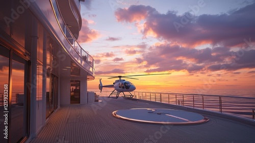 Helicopter landing luxury yacht sunset ocean travel
