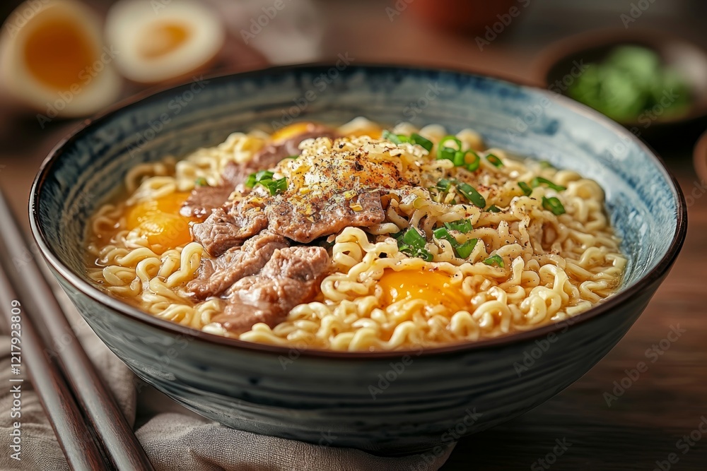 bowl of ramen noodles with egg and green onions bowl of ramen noodles with egg and green onions