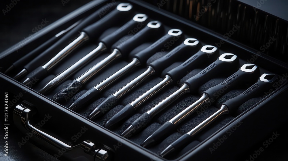 Socket wrench set, close-up of organized socket wrenches in toolbox, sleek design Socket wrench set, close-up of organized socket wrenches in toolbox, sleek design