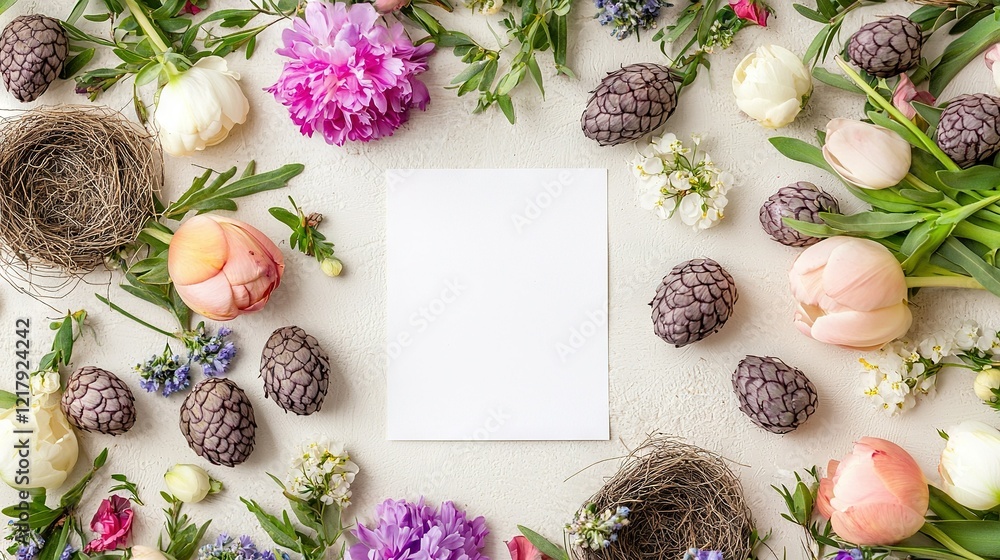 A white sheet of paper is surrounded by flowers and pine cones on a white surface A white sheet of paper is surrounded by flowers and pine cones on a white surface
