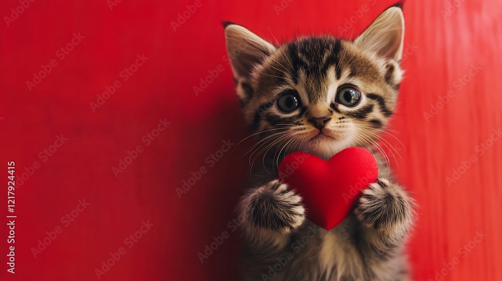 Valentines kitten holding a heart set against a vibrant red background perfect for the season of love Valentines kitten holding a heart set against a vibrant red background perfect for the season of love