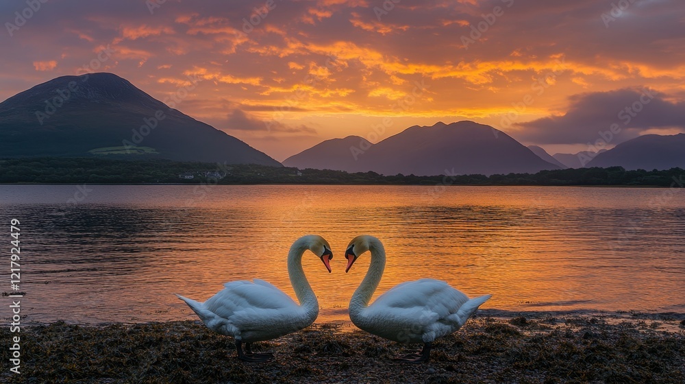 Fototapeta premium Two Swans Embrace at Sunset Mountain Lake