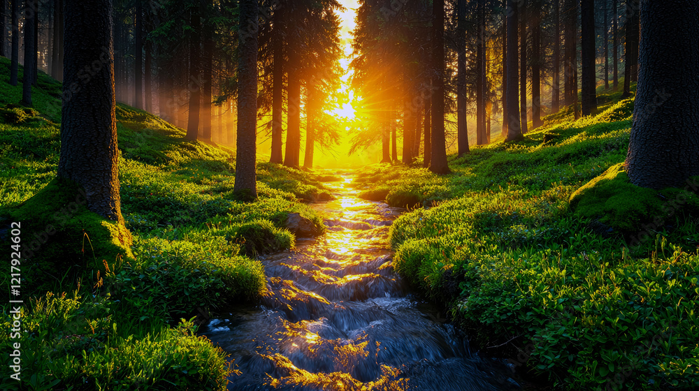 Obraz premium Forest Stream at Sunrise: A Serene Landscape Photography