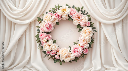 Fototapeta Naklejka Na Ścianę i Meble -  Floral wreath, possibly artificial peony silk flower leaf vine garland, on white drapes. Ideal for wedding decor, home accents, or event backdrops.