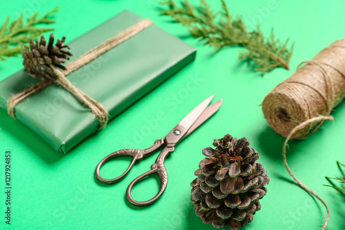 Green gift box with pinecon...