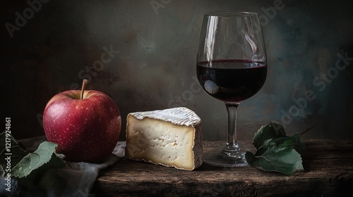 Red apple, cheese wedge, and red wine glass on rustic wood.