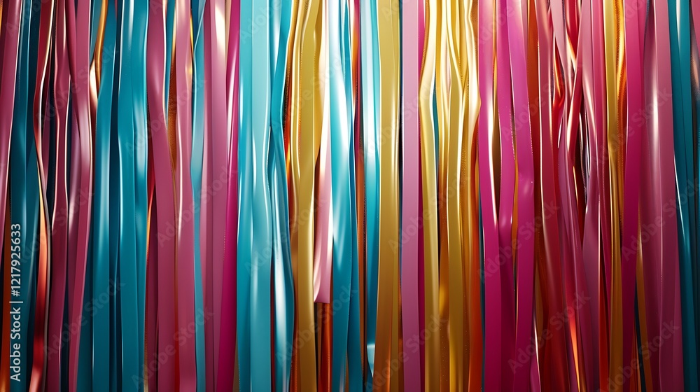 A shimmering wall of metallic streamers in bold colors. A shimmering wall of metallic streamers in bold colors.