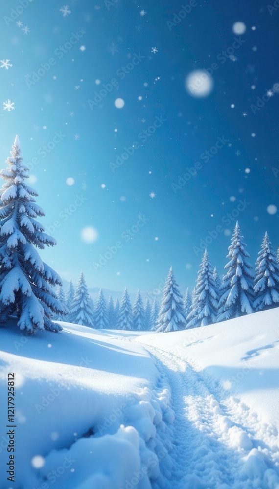 Naklejka premium Frozen landscape with snowflakes falling gently in blue winter sky, peaceful, serene