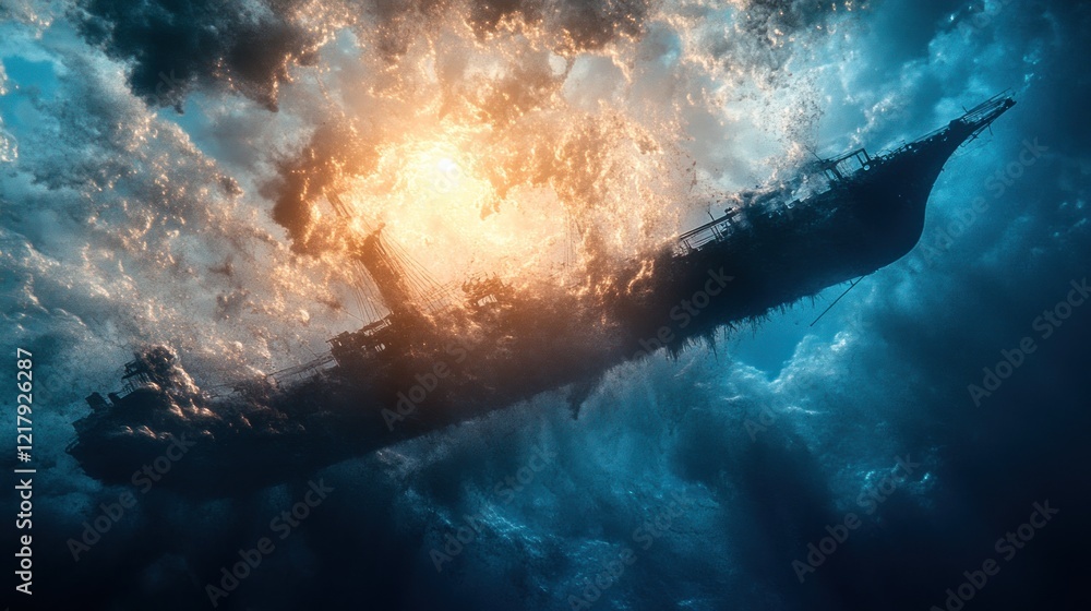 Fototapeta premium An underwater scene depicting a sunken ship illuminated by a glowing surface.