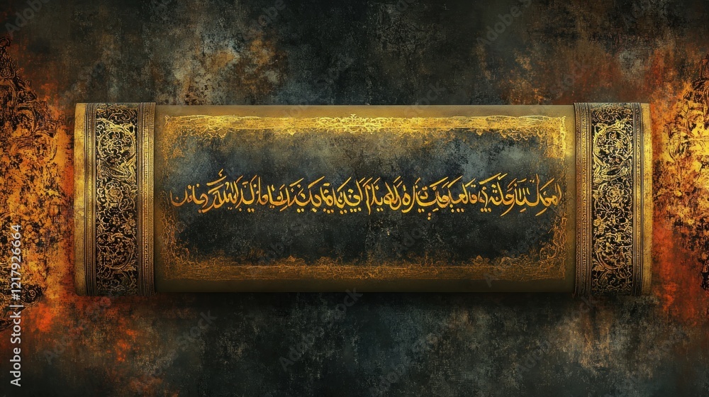 Fototapeta premium Ancient Sacred Text: Golden Scroll with Quranic Verse