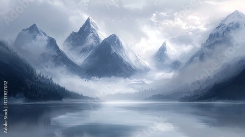 Wallpaper Mural Misty mountain range reflected in a calm lake. Torontodigital.ca