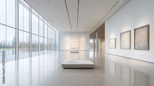 Modern art gallery interior with large windows, artwork on display, and polished floors. photo