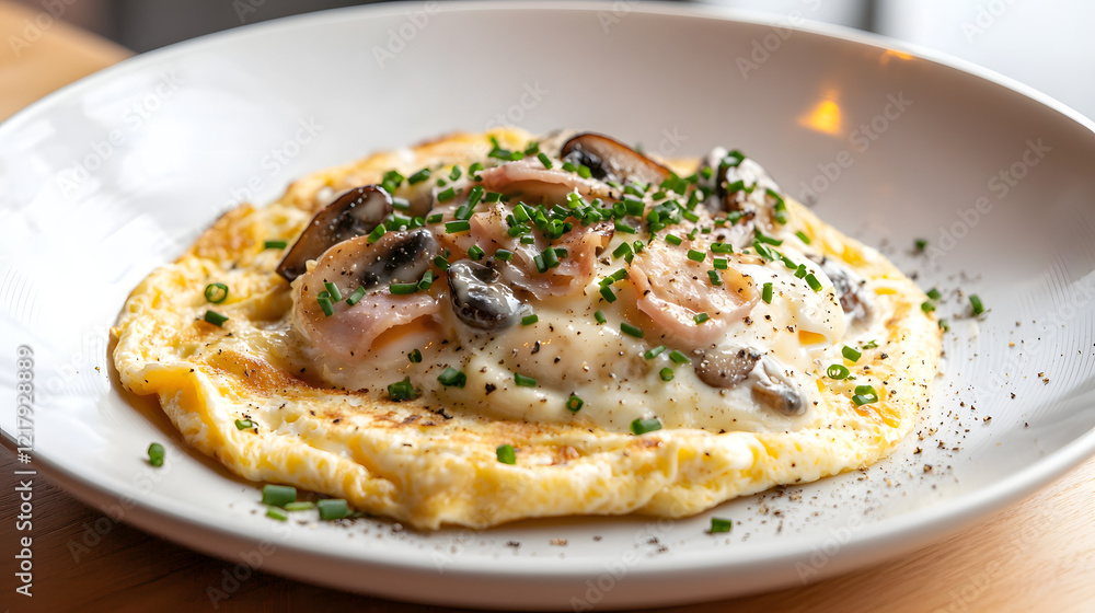 Perfectly Cooked Omelette Served with Fresh Ingredients and Herbs Perfectly Cooked Omelette Served with Fresh Ingredients and Herbs