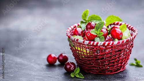   A red basket overflowing with cherries rests atop a green, leafy plant