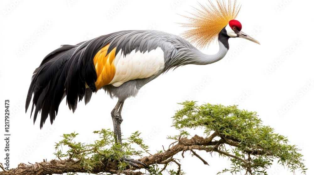 Grey crowned crane perched on a branch. Grey crowned crane perched on a branch.